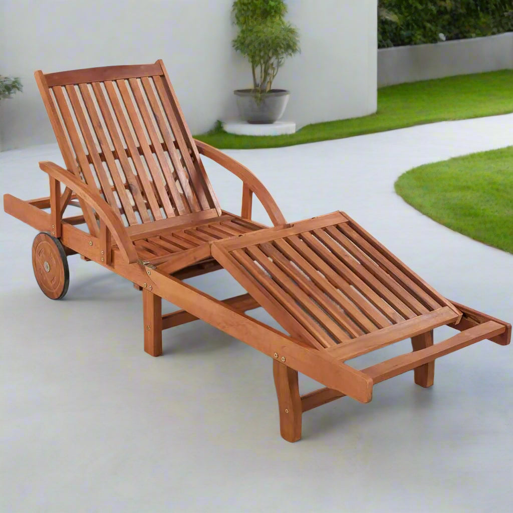 Solid Acacia Wood Sun Lounger with Wheels