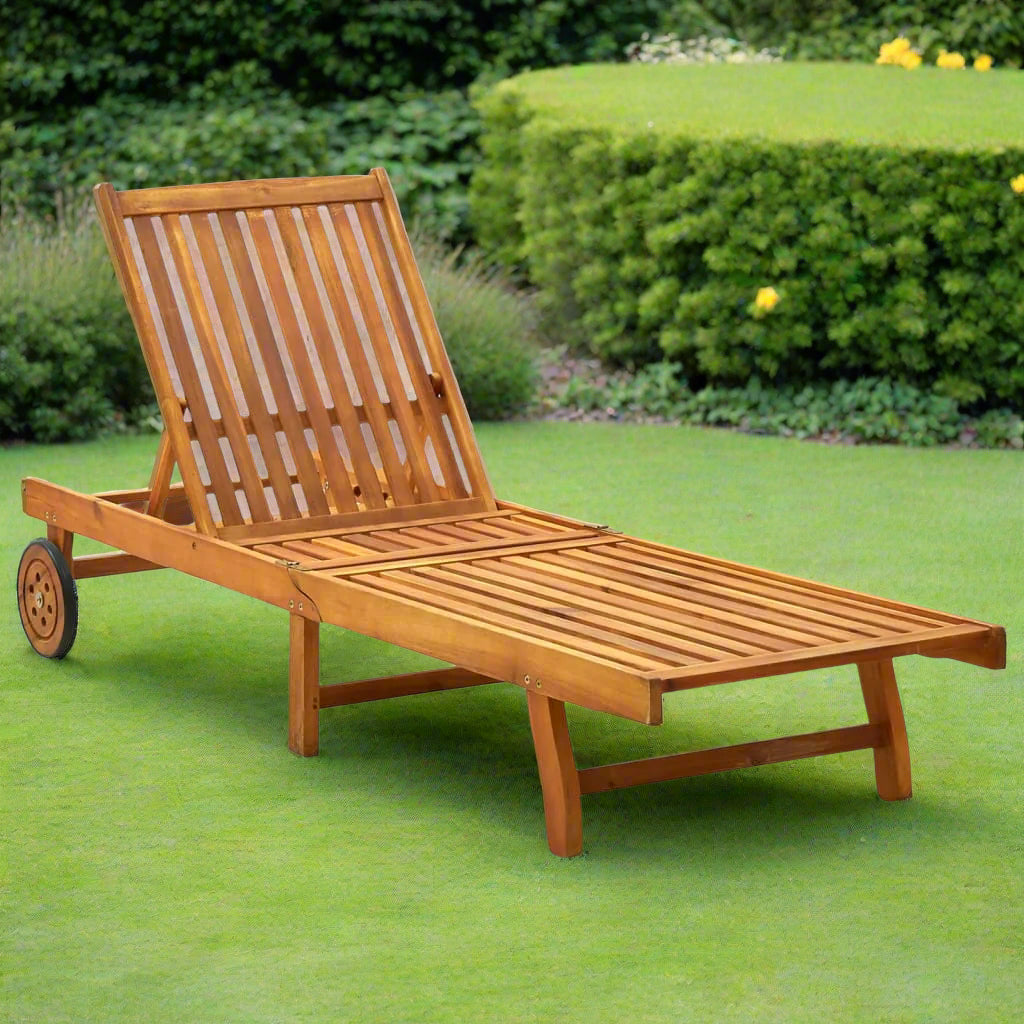 Solid Acacia Wood Sun Lounger with Wheels