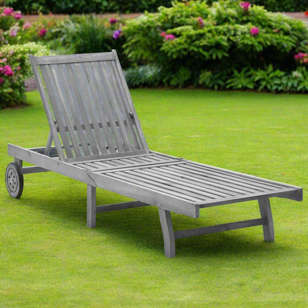 Solid Acacia Wood Sun Lounger with Wheels