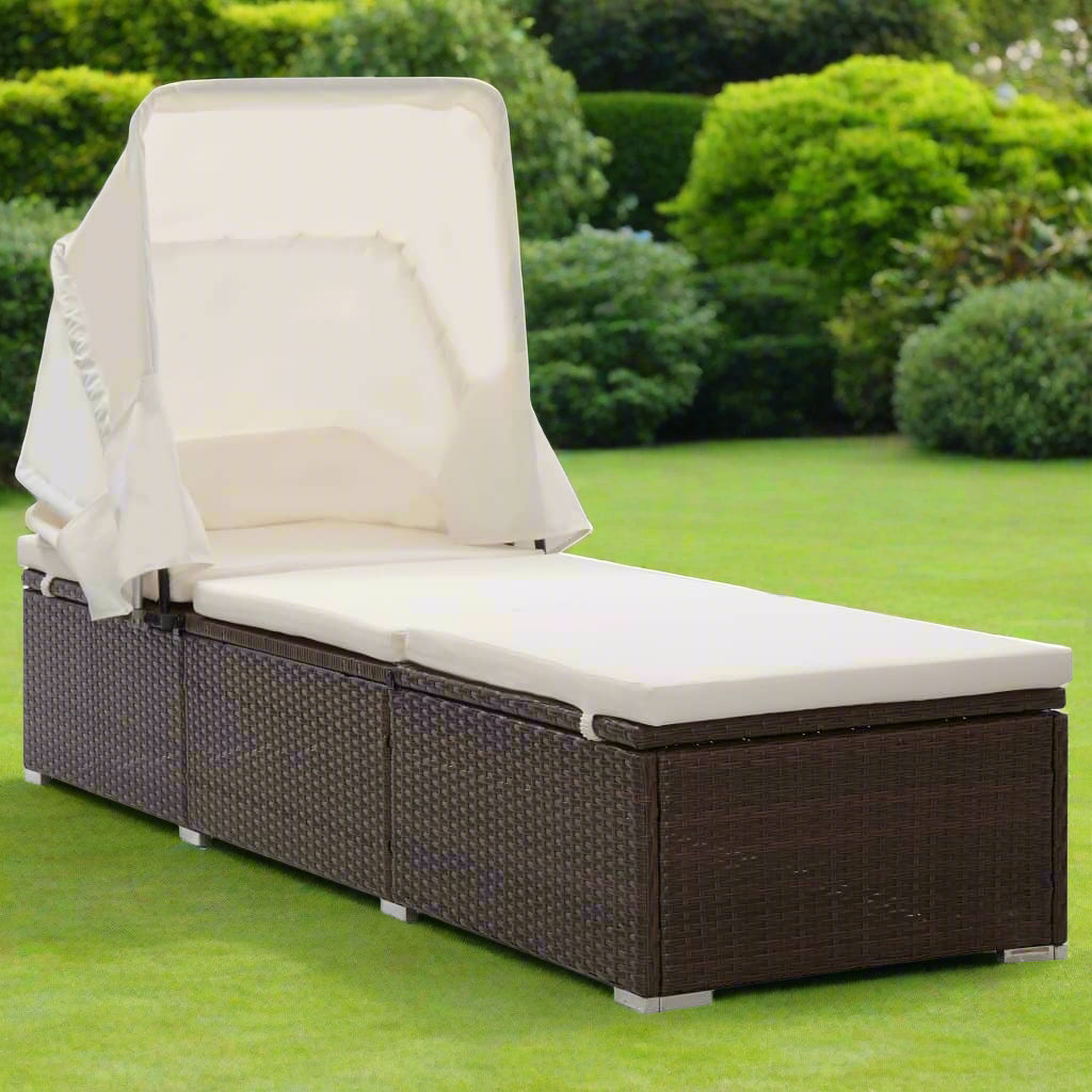 Sun Lounger with Canopy and Cushion in Poly Rattan