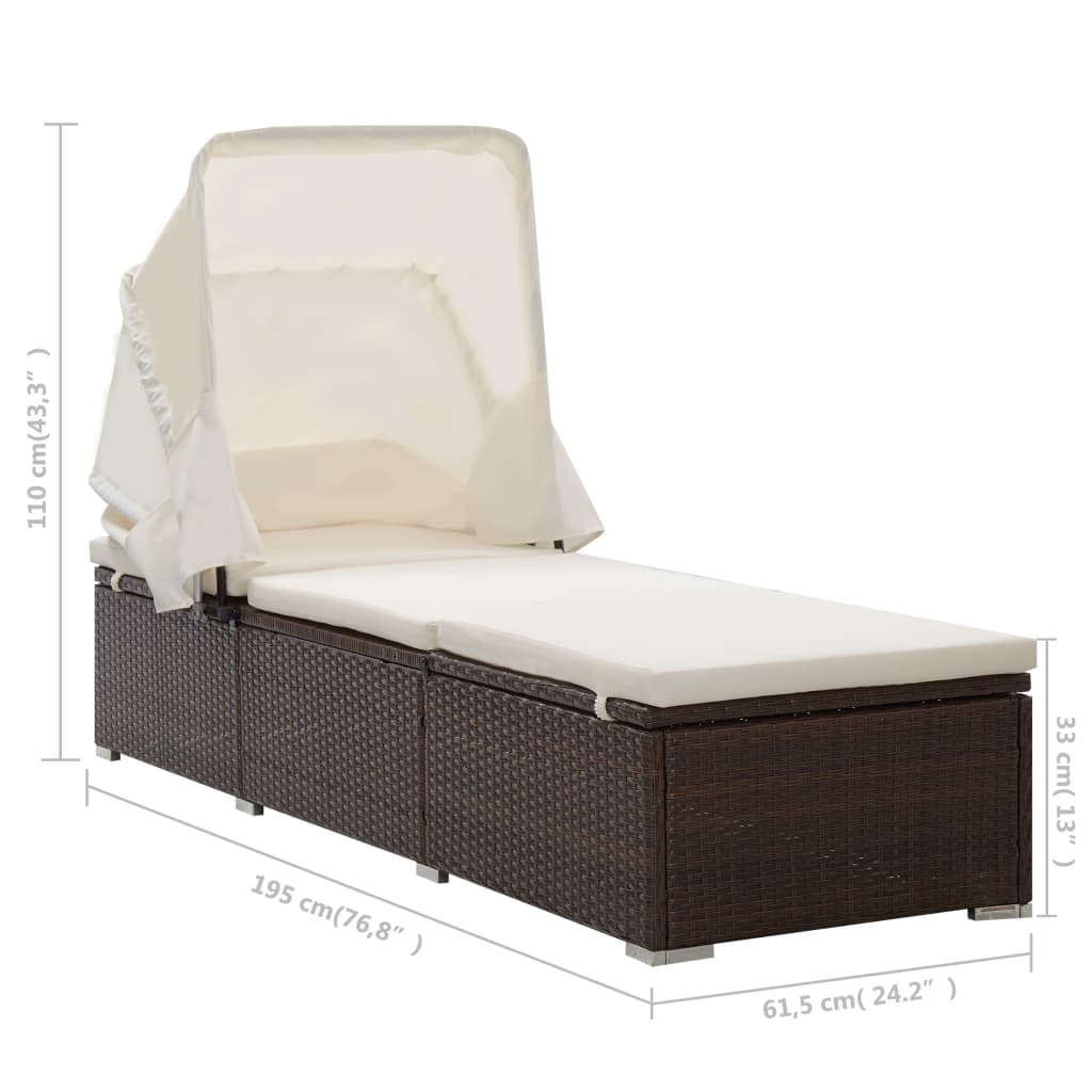 Sun Lounger with Canopy and Cushion in Poly Rattan