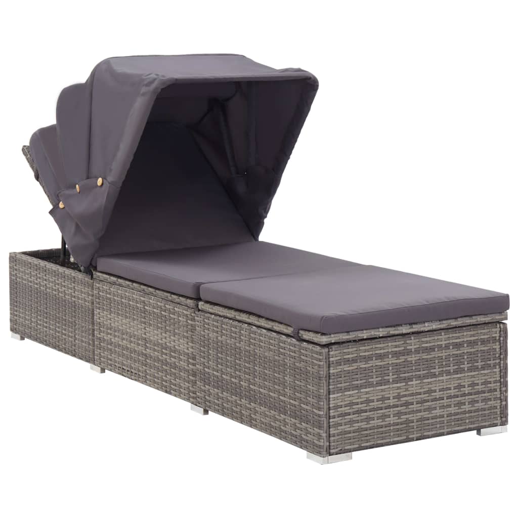 Sun Lounger with Canopy and Cushion in Poly Rattan