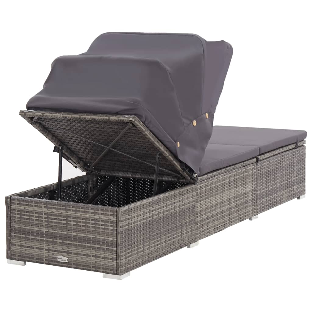 Sun Lounger with Canopy and Cushion in Poly Rattan