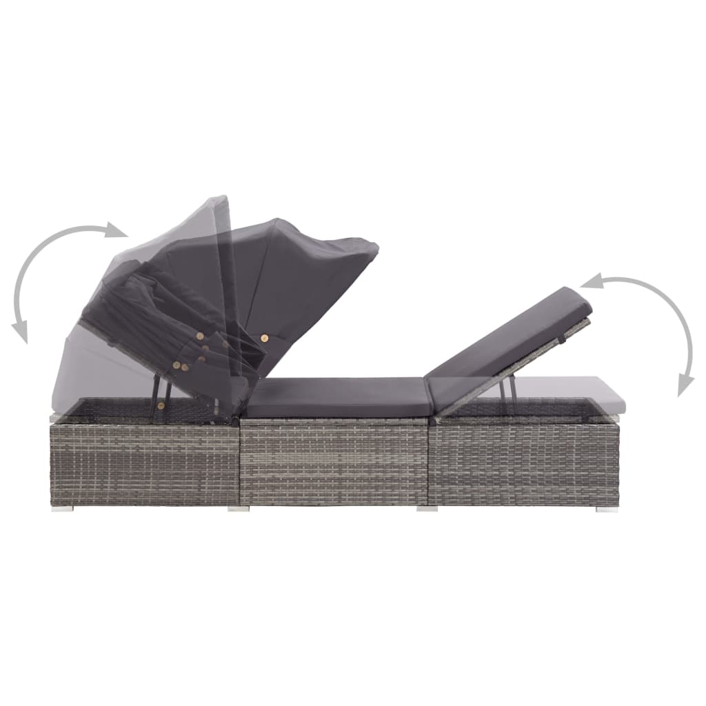 Sun Lounger with Canopy and Cushion in Poly Rattan