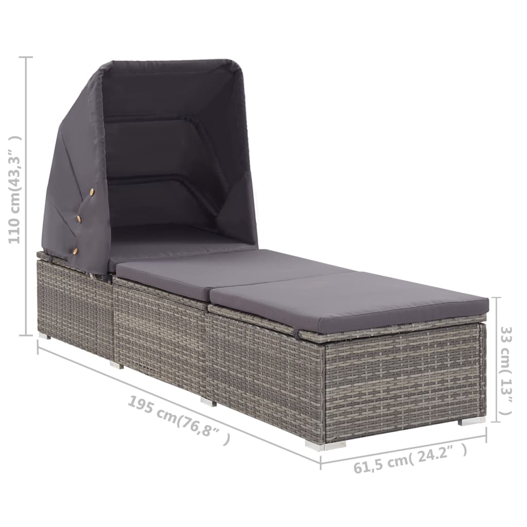 Sun Lounger with Canopy and Cushion in Poly Rattan
