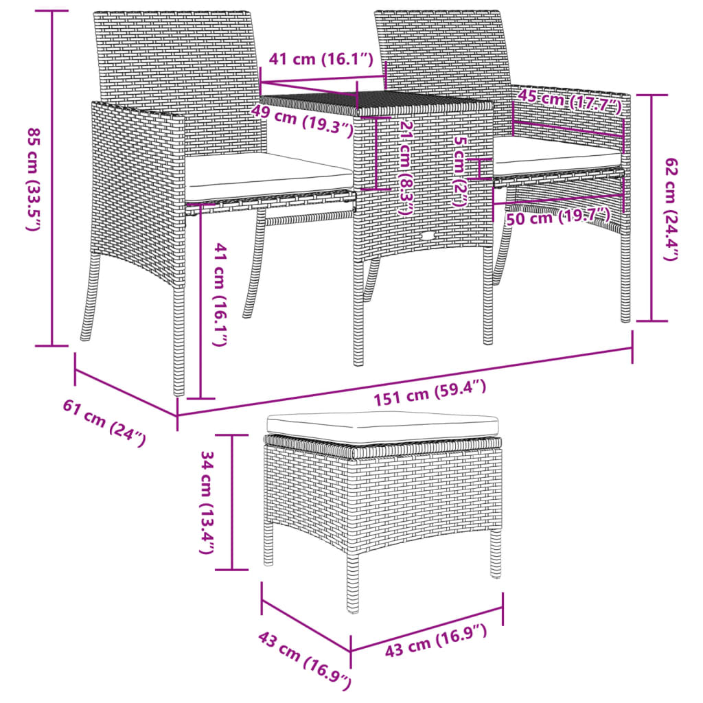 Rattan 2-Seater Garden Sofa with Table and Stools