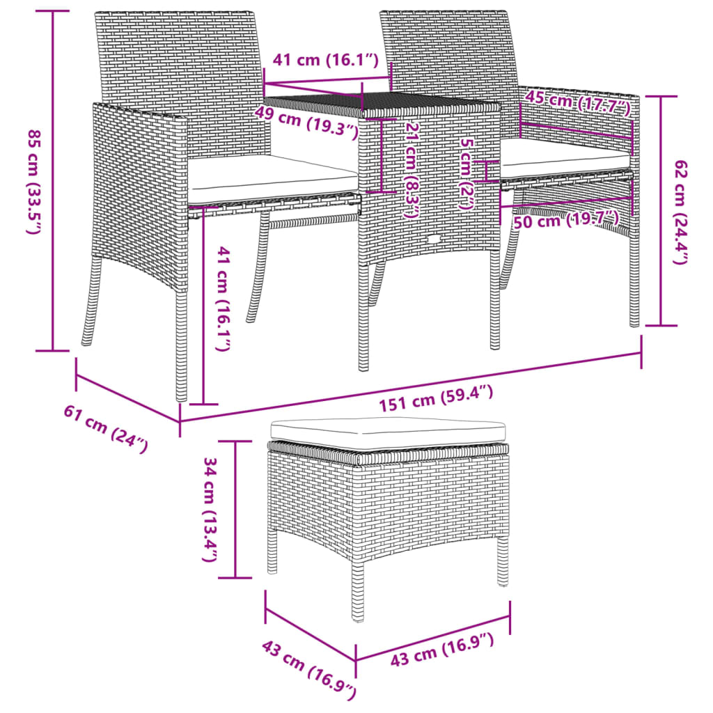 Rattan 2-Seater Garden Sofa with Table and Stools
