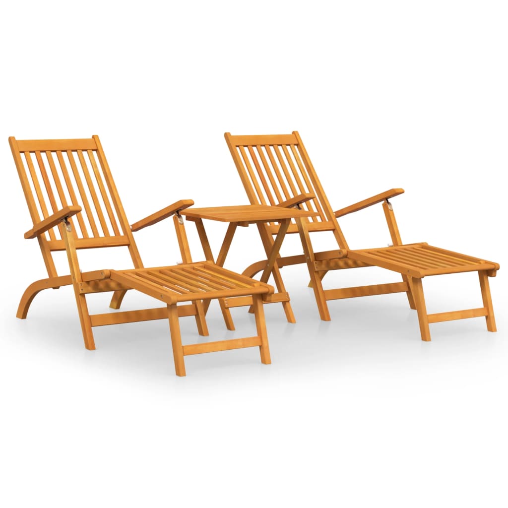 Pair of Outdoor Deck Chairs with Optional Table in Solid Wood Acacia
