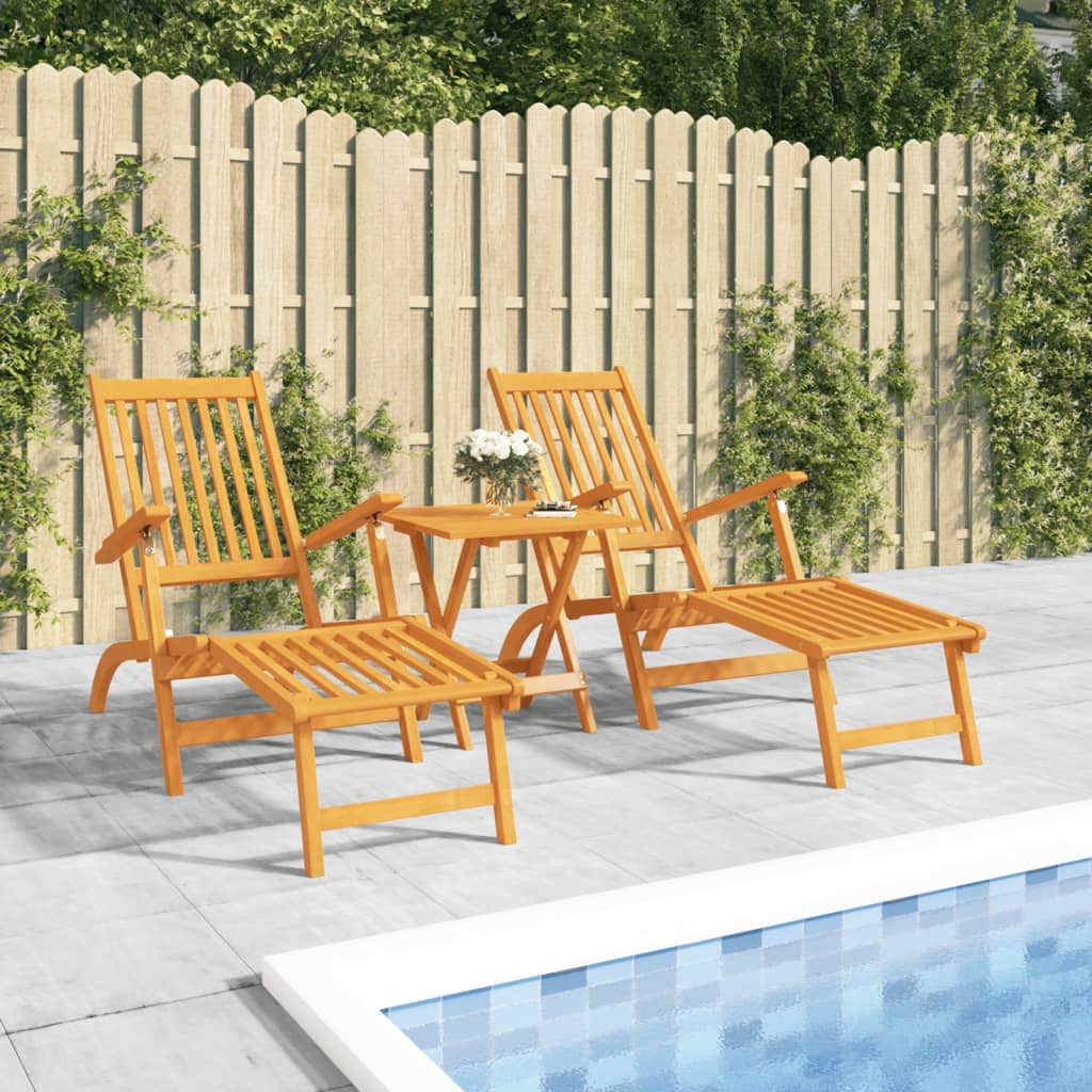 Pair of Outdoor Deck Chairs with Optional Table in Solid Wood Acacia