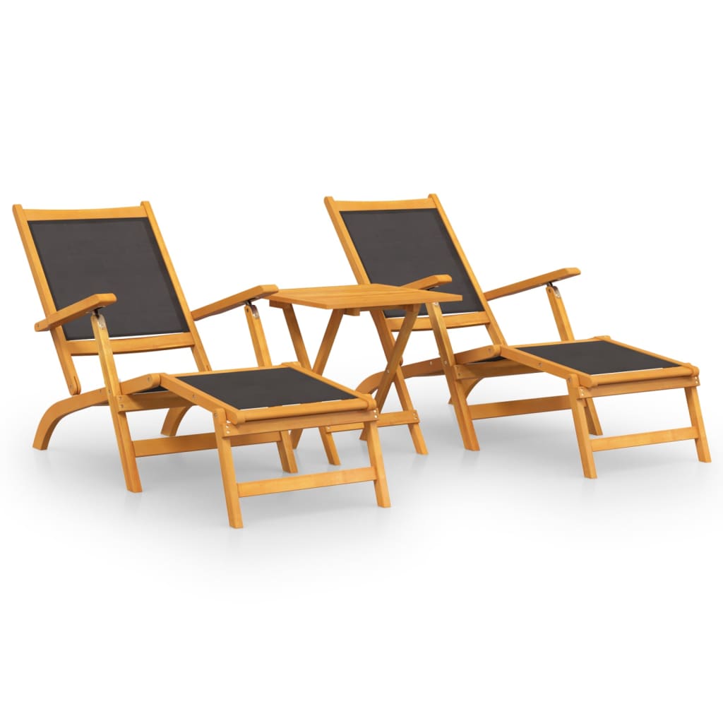 Pair of Outdoor Deck Chairs with Optional Table in Solid Wood Acacia and Fabric