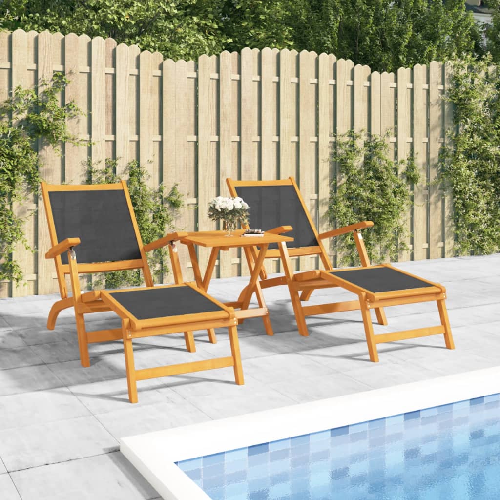 Pair of Outdoor Deck Chairs with Optional Table in Solid Wood Acacia and Fabric