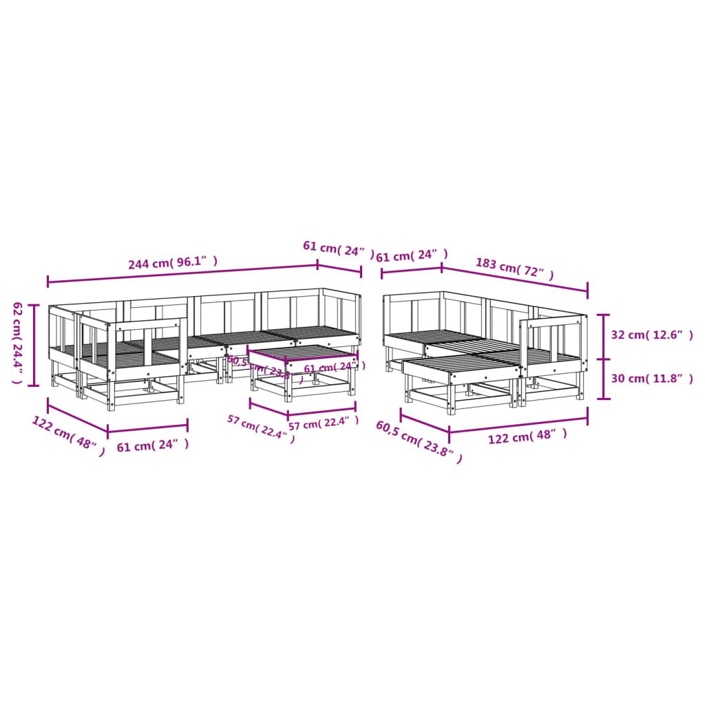 10 Piece Garden Lounge Set in Solid Wood