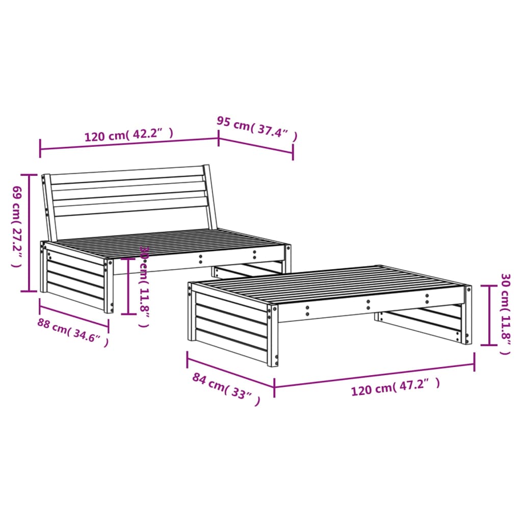 2 Piece Solid Wood Garden Lounge Set of Sofa and Table