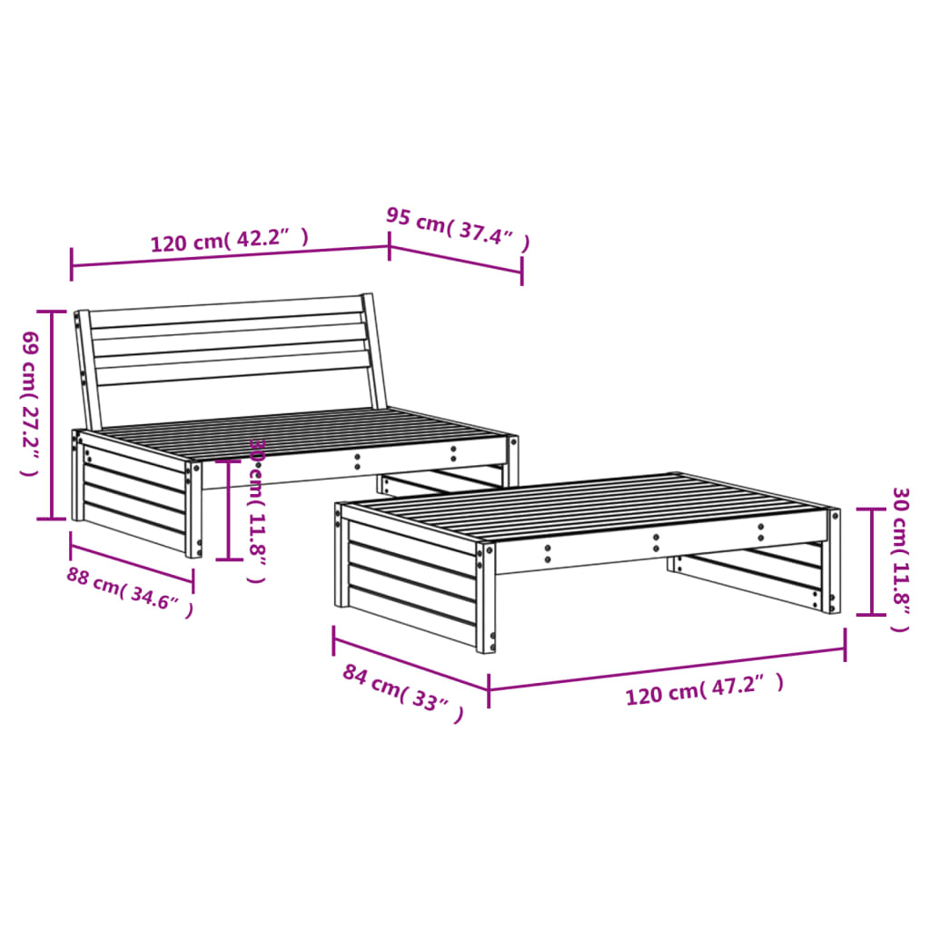 2 Piece Solid Wood Garden Lounge Set of Sofa and Table
