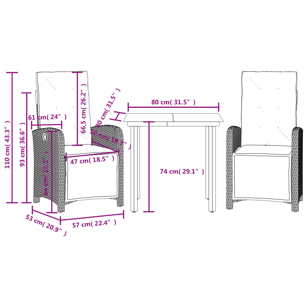 Rattan Bistro Set with Cushions - 3 Piece