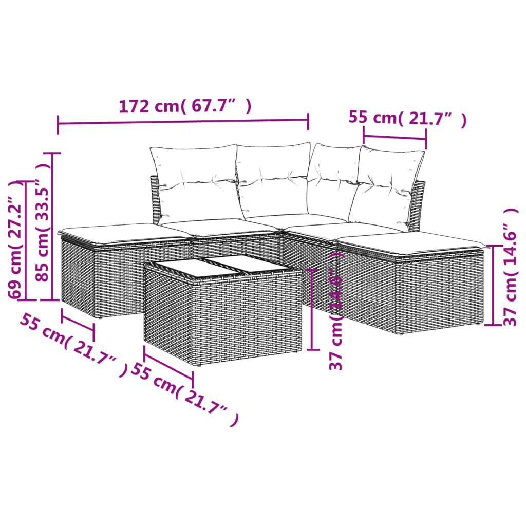 6 Piece Rattan Corner Sofa Set with Cushions
