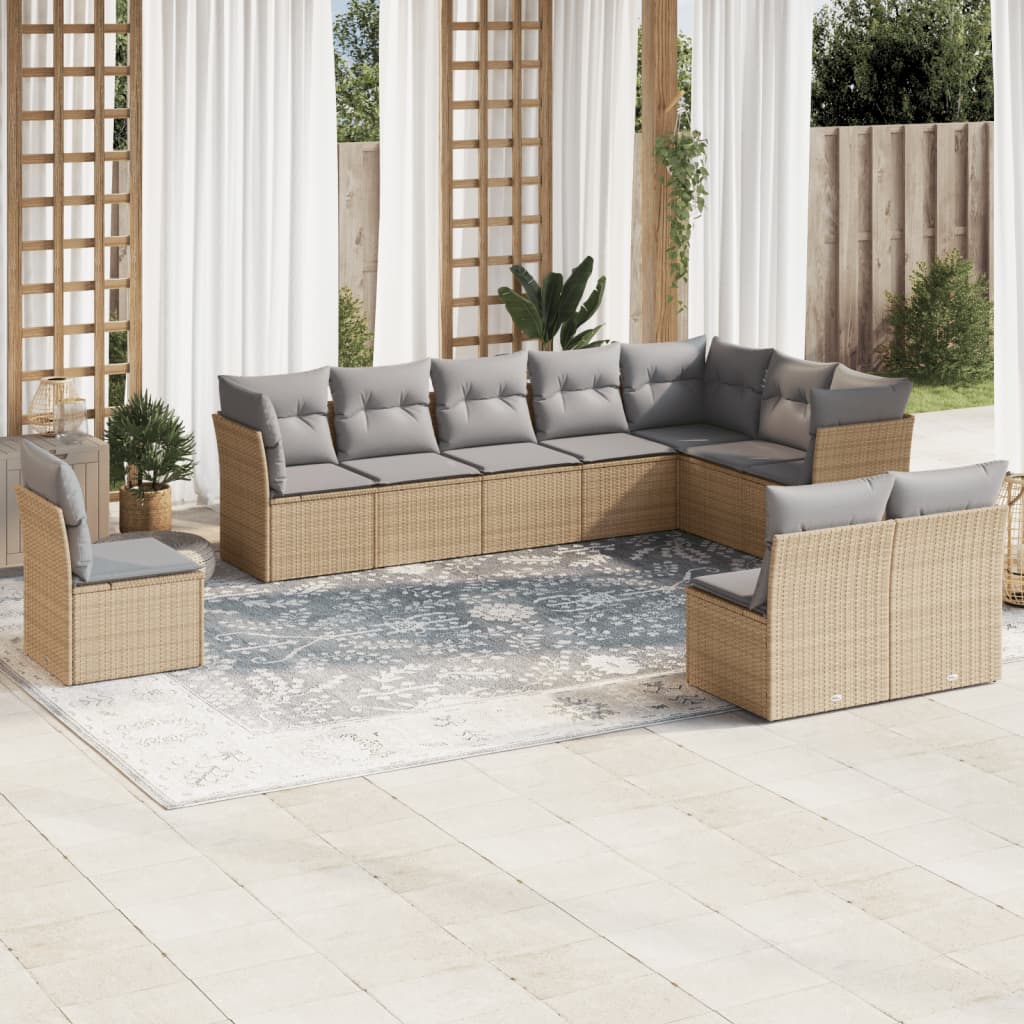 10 Piece Garden Sofa Set with Cushions in Poly Rattan and Acacia Wood