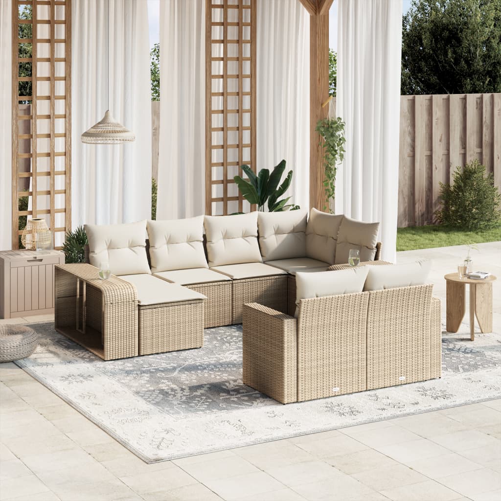 10 Piece Garden Sofa Set with Cushions in Poly Rattan and Acacia Wood