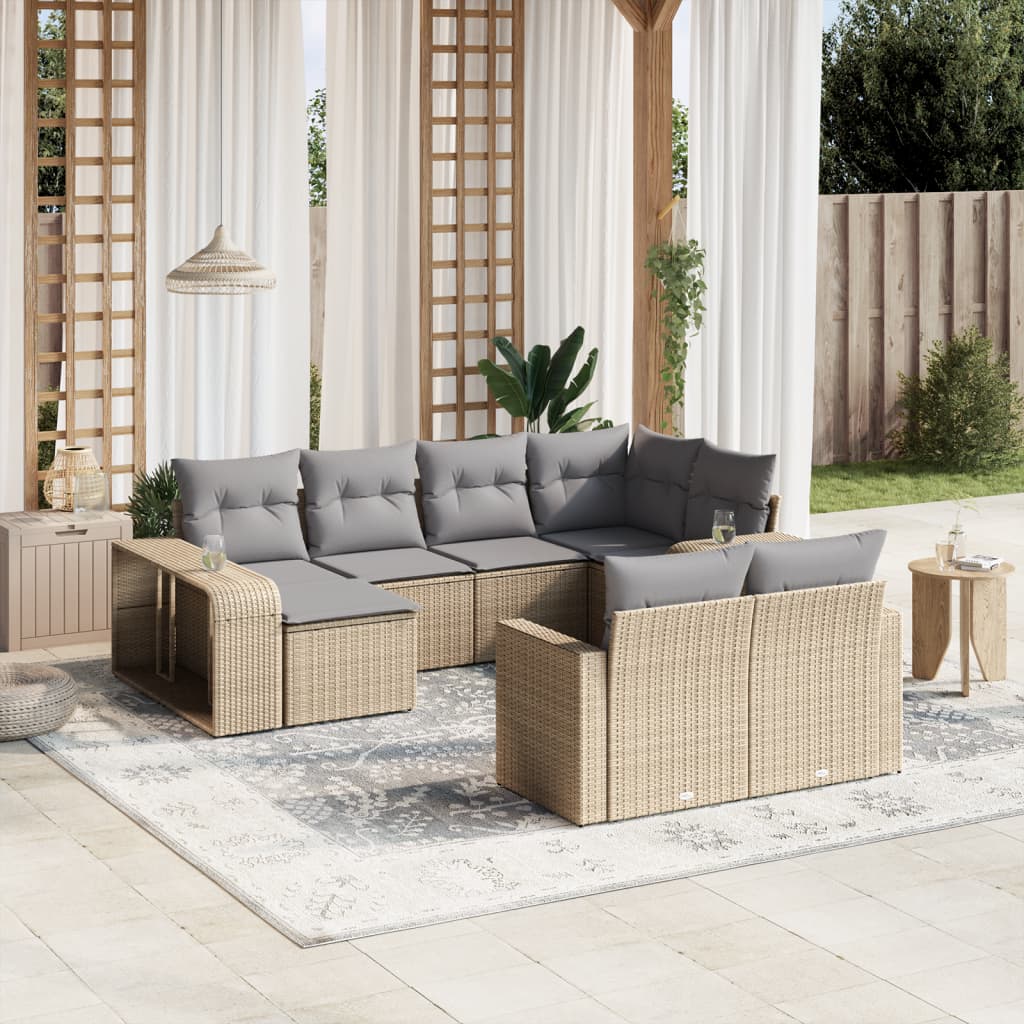 10 Piece Garden Sofa Set with Cushions in Poly Rattan and Acacia Wood
