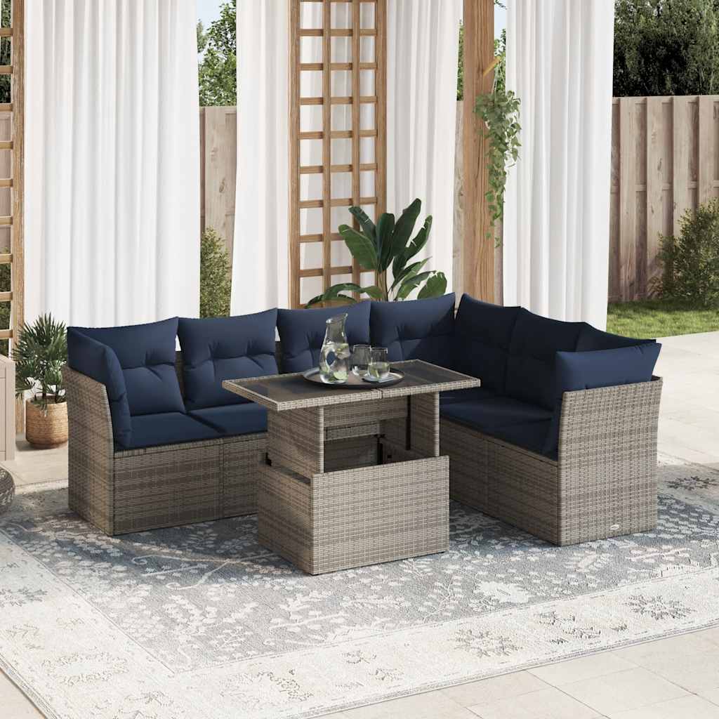 7 Piece L-Shaped Rattan Sofa Set with Cushions and Table
