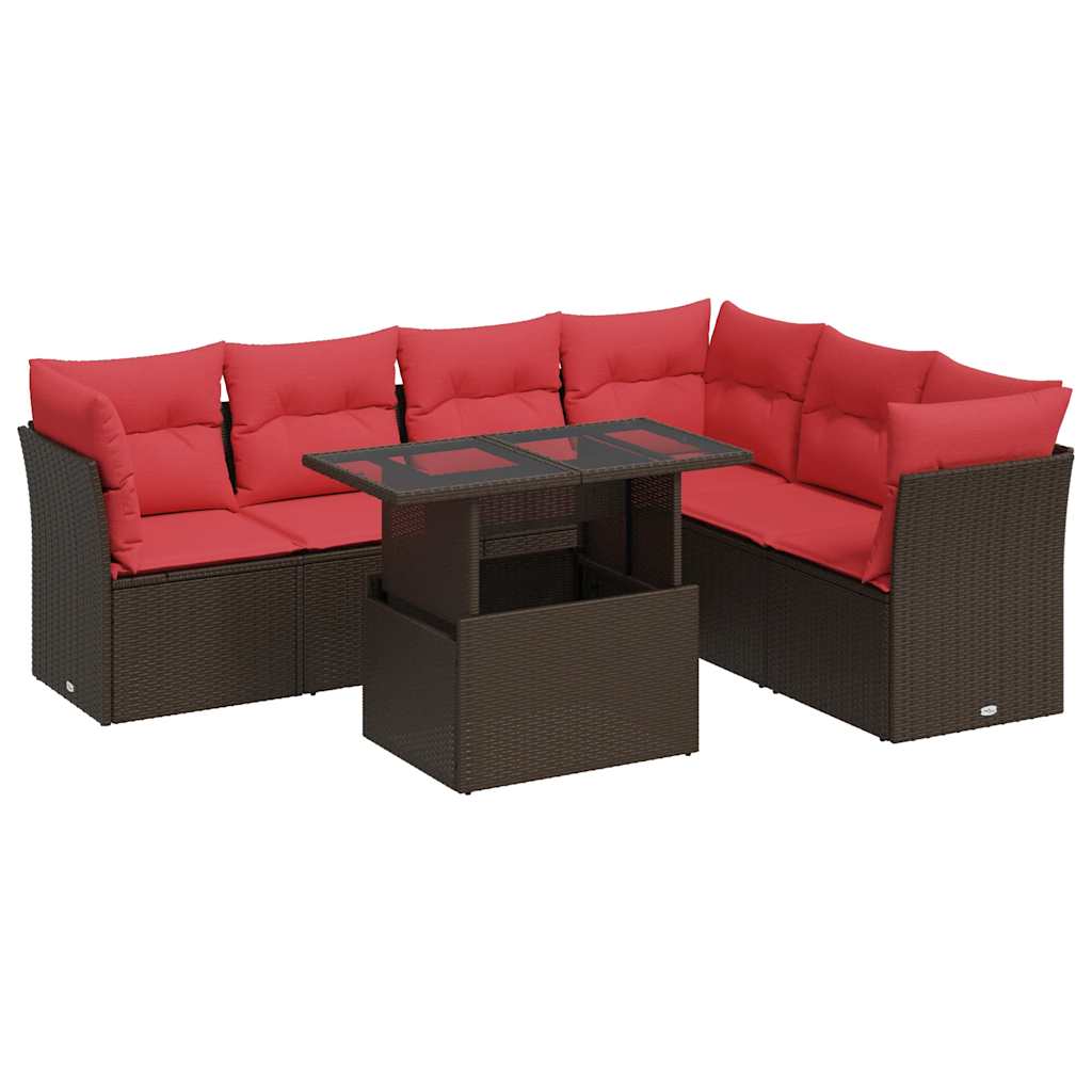 7 Piece L-Shaped Rattan Sofa Set with Cushions and Table
