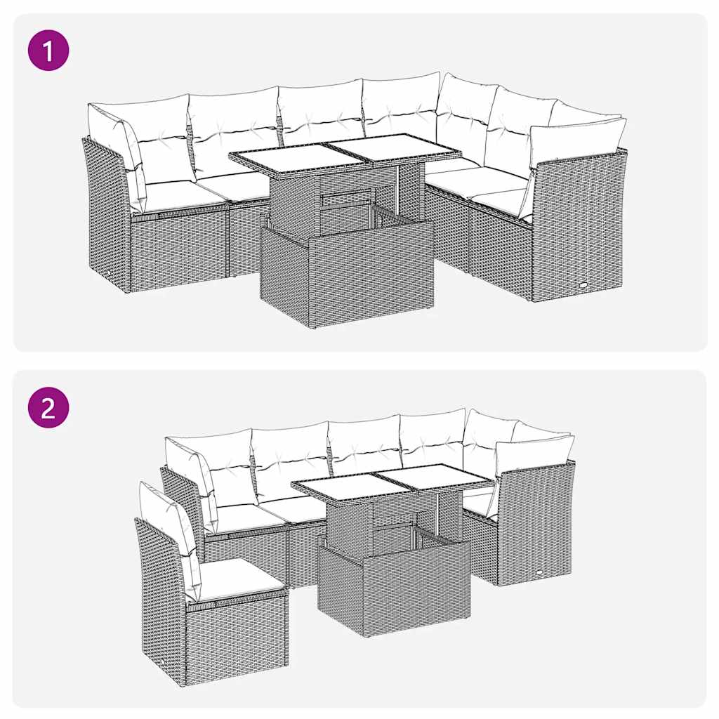 7 Piece L-Shaped Rattan Sofa Set with Cushions and Table