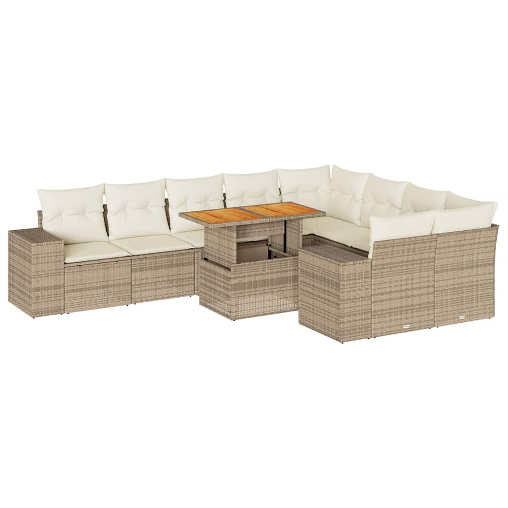 10 Piece Garden Sofa Set with Cushions in Poly Rattan and Acacia Wood