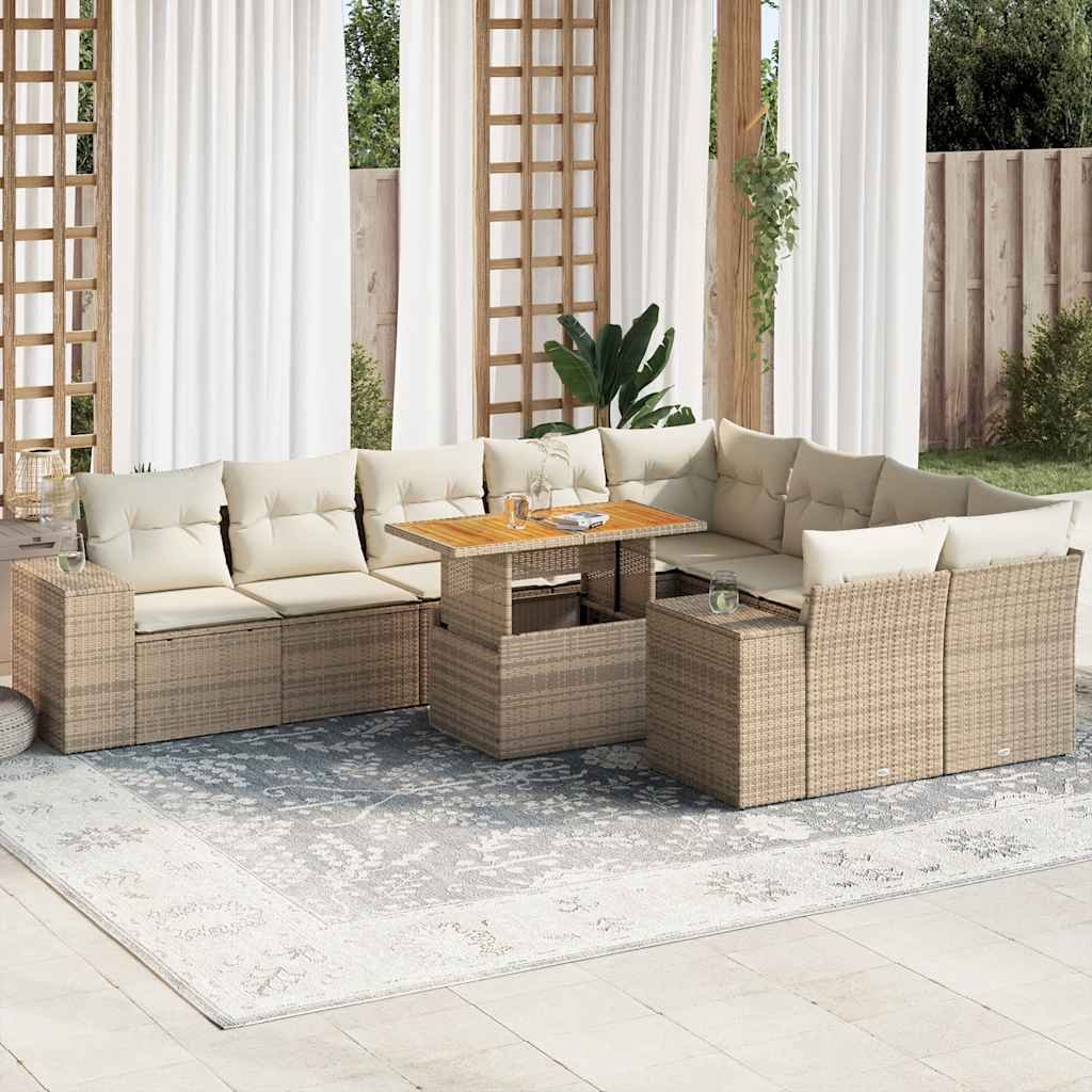 10 Piece Garden Sofa Set with Cushions in Poly Rattan and Acacia Wood