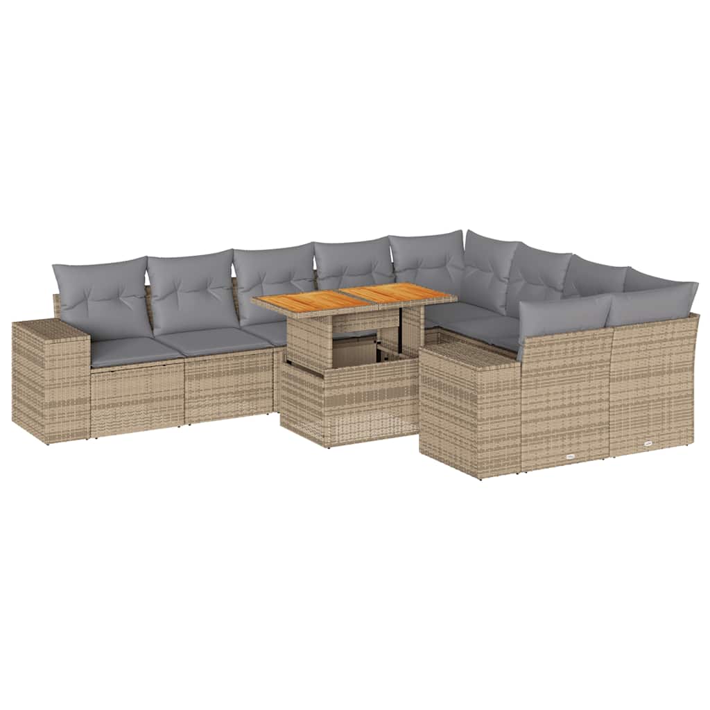 10 Piece Garden Sofa Set with Cushions in Poly Rattan and Acacia Wood
