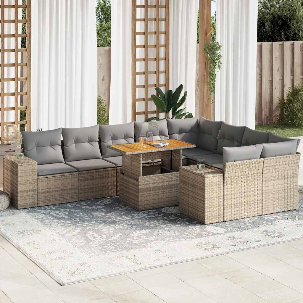 10 Piece Garden Sofa Set with Cushions in Poly Rattan and Acacia Wood