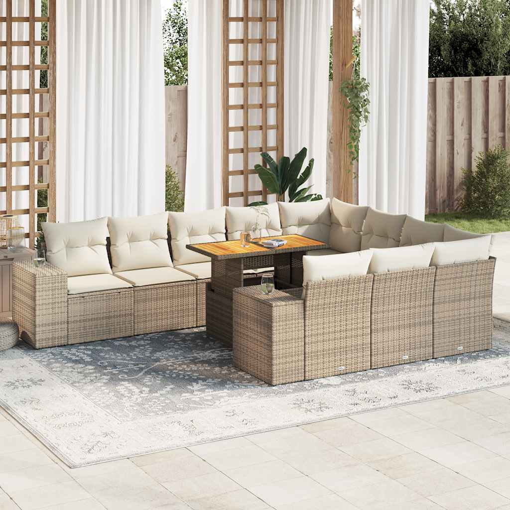 10 Piece Garden Sofa Set with Cushions in Poly Rattan and Acacia Wood