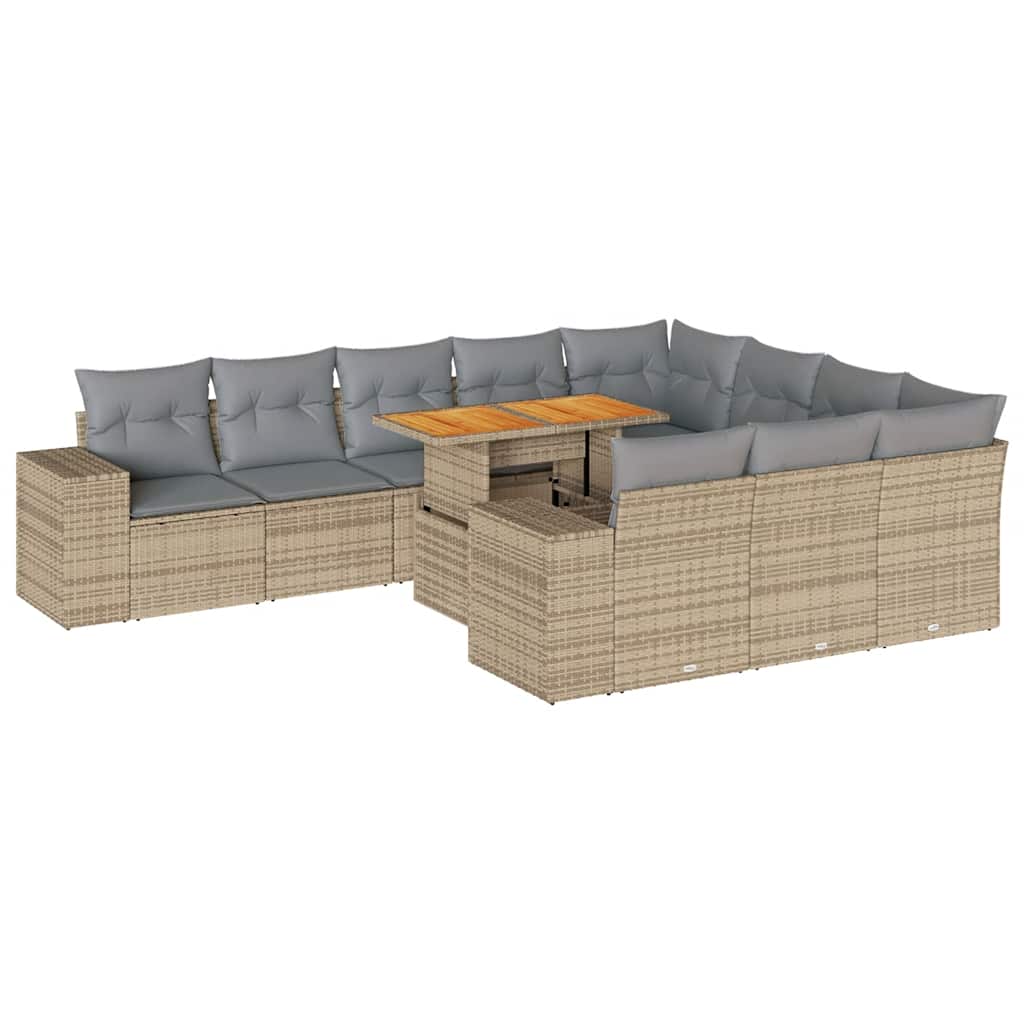 10 Piece Garden Sofa Set with Cushions in Poly Rattan and Acacia Wood