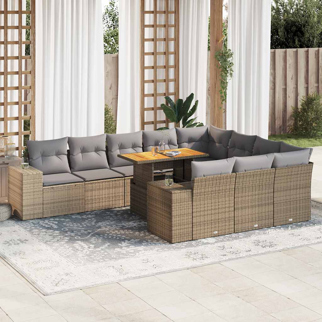 10 Piece Garden Sofa Set with Cushions in Poly Rattan and Acacia Wood