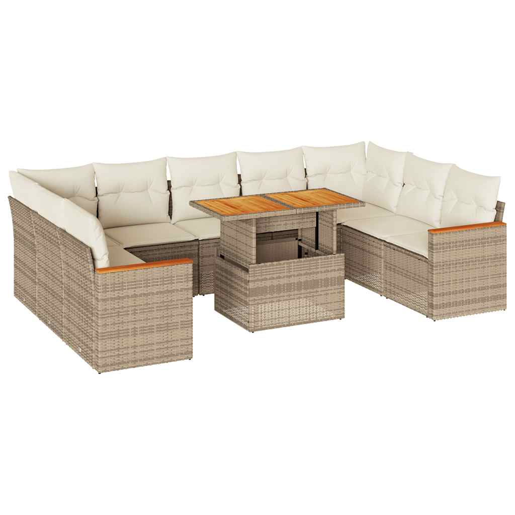 10 Piece Garden Sofa Set with Cushions in Poly Rattan and Acacia Wood