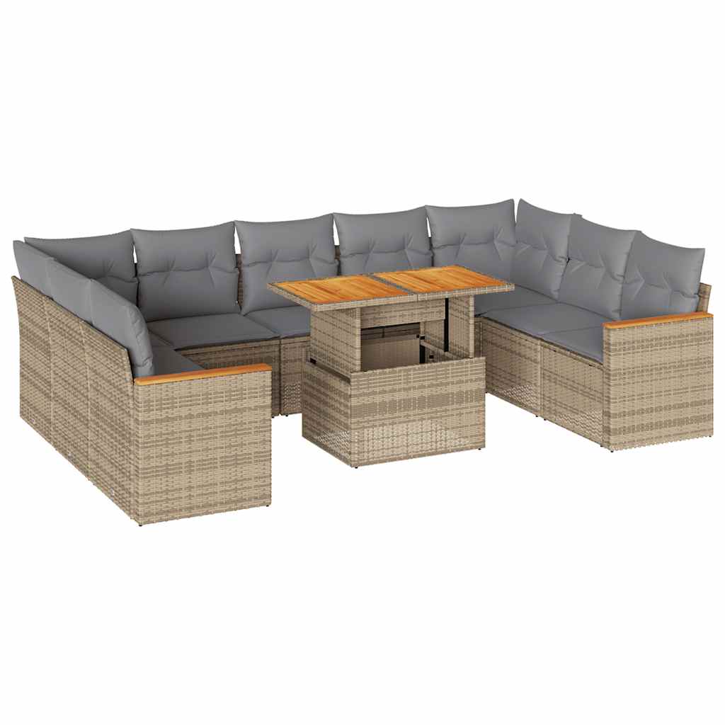 10 Piece Garden Sofa Set with Cushions in Poly Rattan and Acacia Wood