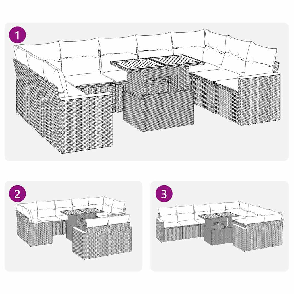 10 Piece Garden Sofa Set with Cushions in Poly Rattan and Acacia Wood
