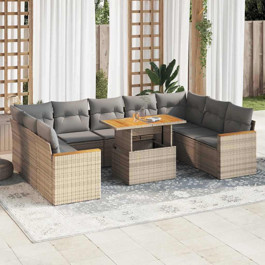 10 Piece Garden Sofa Set with Cushions in Poly Rattan and Acacia Wood