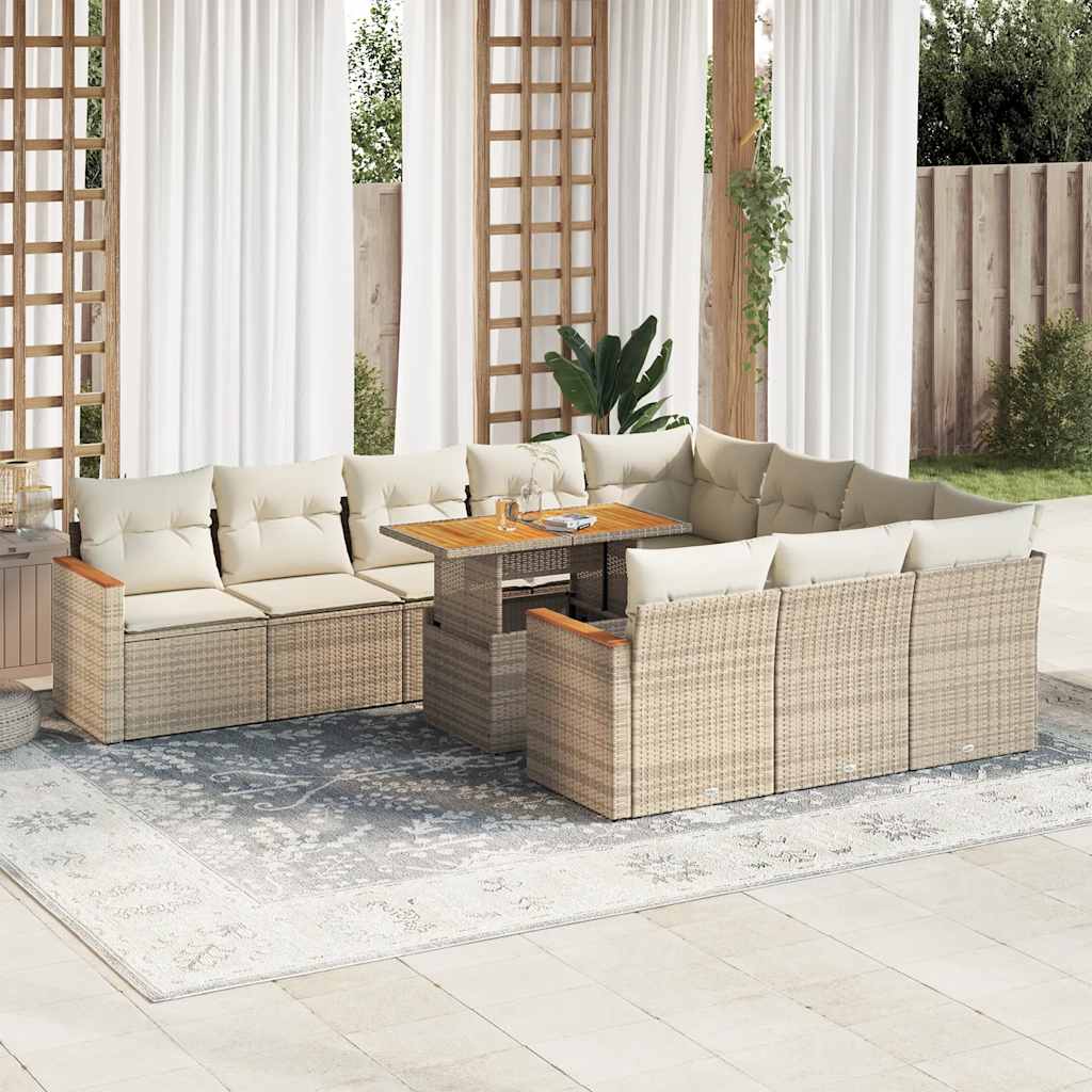 11 Piece Rattan and Acacia Wood Garden Sofa Set with Cushions