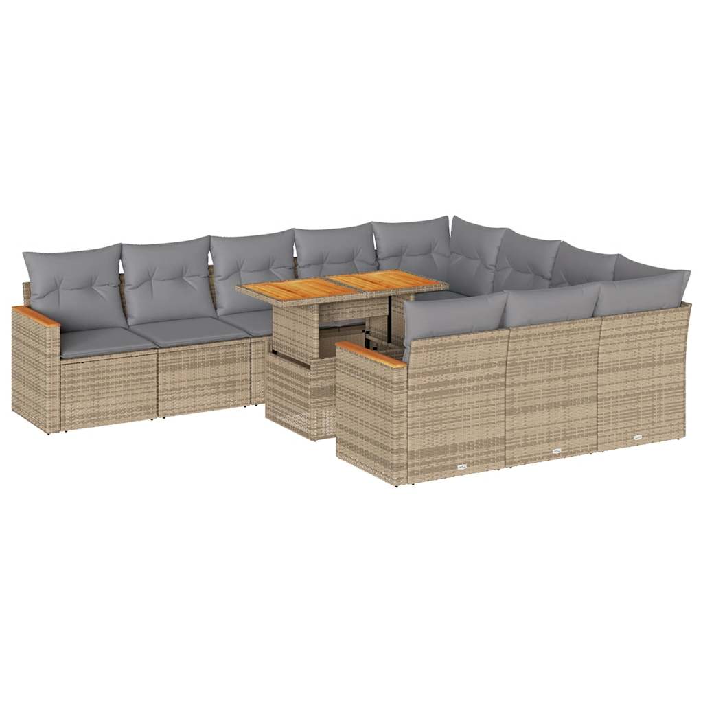 11 Piece Rattan and Acacia Wood Garden Sofa Set with Cushions
