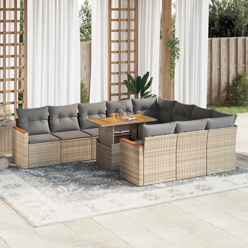 11 Piece Rattan and Acacia Wood Garden Sofa Set with Cushions