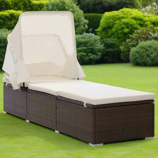 Sun Lounger with Canopy and Cushion in Poly Rattan