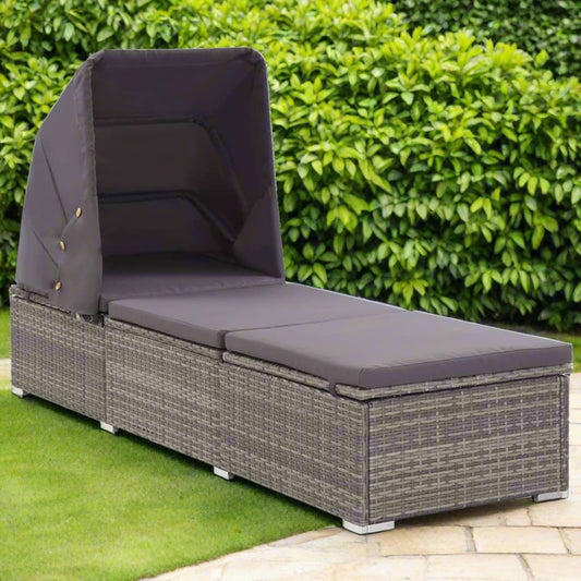 Sun Lounger with Canopy and Cushion in Poly Rattan