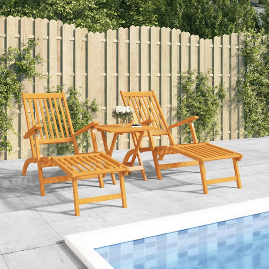 Pair of Outdoor Deck Chairs with Optional Table in Solid Wood Acacia