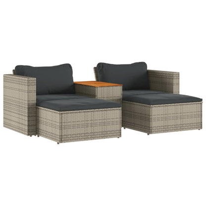 5 Piece Garden Sofa Set with Cushions in Poly Rattan and Acacia Wood