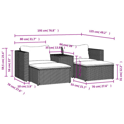 5 Piece Garden Sofa Set with Cushions in Poly Rattan and Acacia Wood