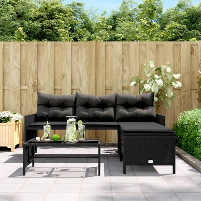 L-Shaped Garden Sofa with Table and Cushions in Poly Rattan