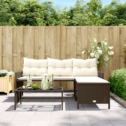 L-Shaped Garden Sofa with Table and Cushions in Poly Rattan