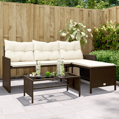 L-Shaped Garden Sofa with Table and Cushions in Poly Rattan