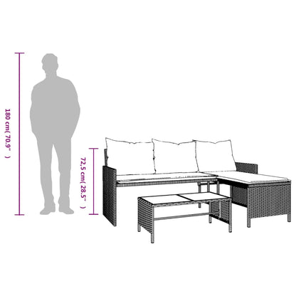 L-Shaped Garden Sofa with Table and Cushions in Poly Rattan