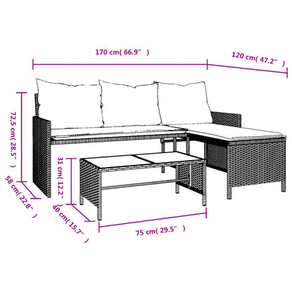 L-Shaped Garden Sofa with Table and Cushions in Poly Rattan